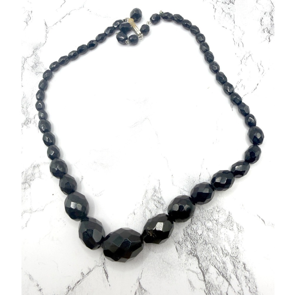 Vintage Black Faceted Glass Bead Necklace Graduated 4.5–12mm Silver Hook